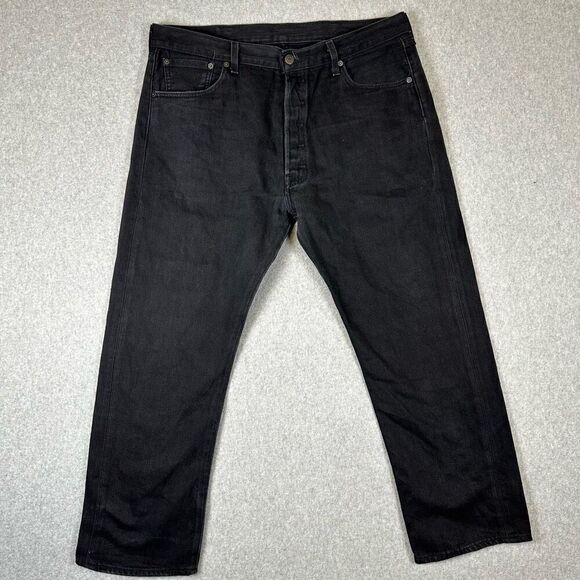 Levis 501 straight leg jeans mens 38 x 30 black button fly distressed - Picture 1 of 12